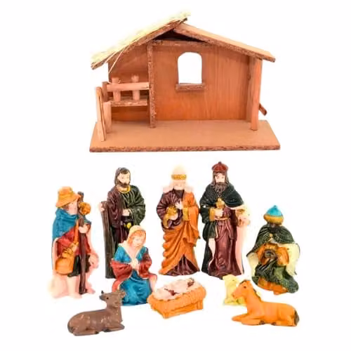 Shatchi Large Handmade Nativity Scene with Wooden Stable and 10-Piece Resin Figurine Set in Brown and Multicolour – 1