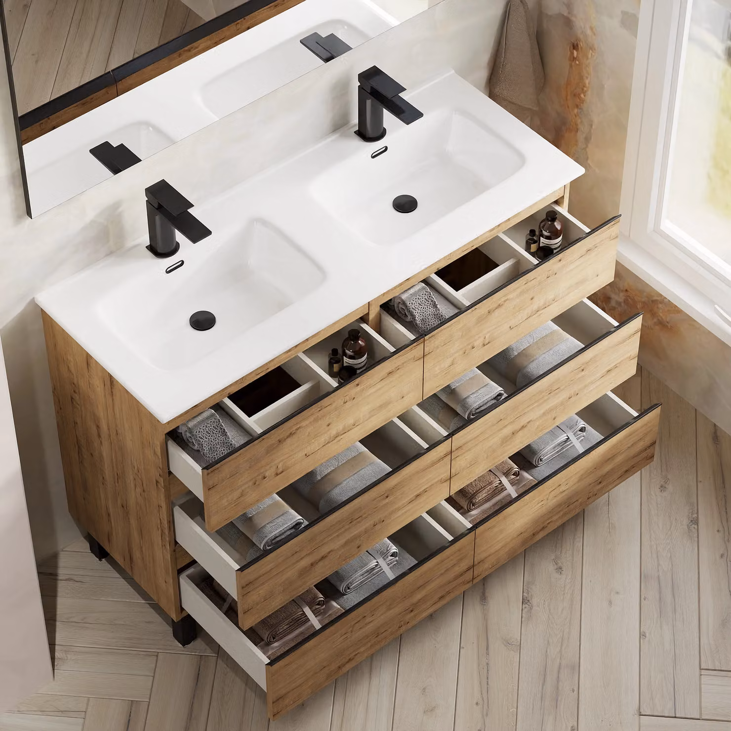 Banyetti Vatilla Floorstanding Vanity Unit with Athena Basin in Ostippo Light Oak, W: 120 cm, D: 45 cm, H: 84 cm – 2