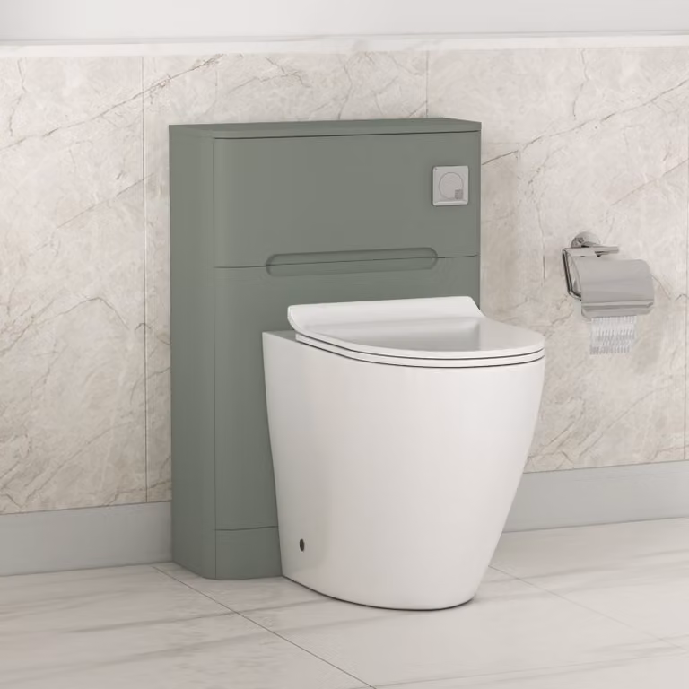 Royal Bathrooms Venice 550mm Sage Green Wall Mounted WC Unit with Elva Rimless Short Projection Ceramic Toilet Pan, Slim Soft Close Seat and Cistern