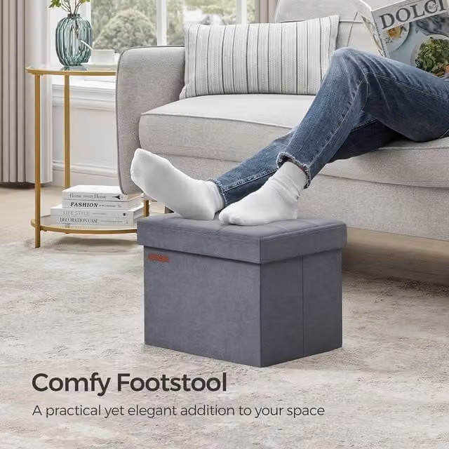 SONGMICS Compact Rectangular Foldable Storage Ottoman Foot Rest in Grey Velvet Fabric