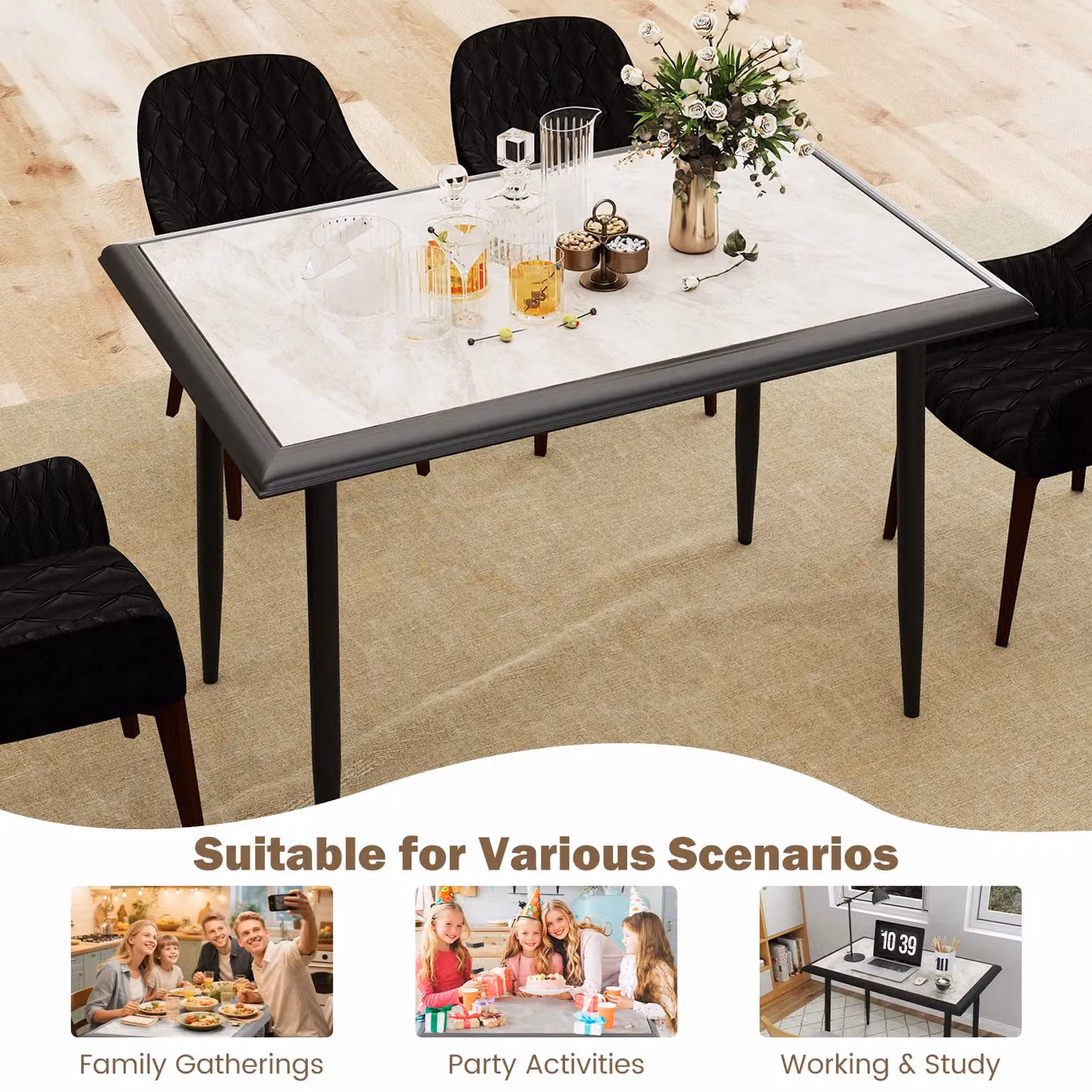 Gymax Modern Rectangular Sintered Stone Dining Table in Grey and Black, W: 110 cm, D: 70 cm, H: 75 cm – 5