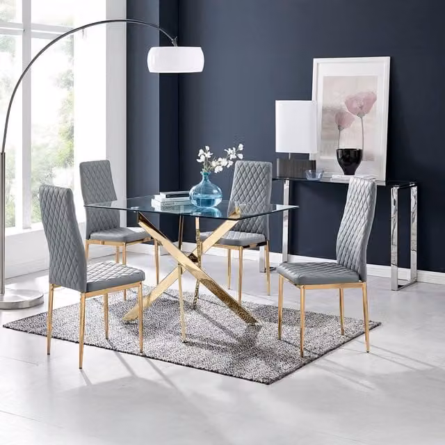 FurnitureboxUK Leonardo Dining Table with Four Milan Chairs in Grey and Gold