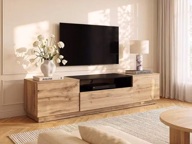 Vente-unique Modern TV Stand with 2 Doors, 1 Drawer and 1 Shelf in Natural and Black, W: 180 cm, H: 45 cm, D: 40 cm