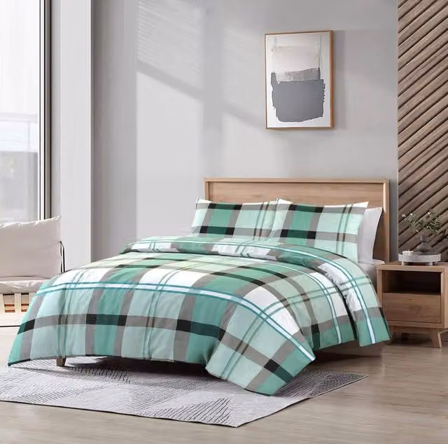 Homes-Linen Green Checked Cotton and Polyester Duvet Cover Set, 200 x 200 cm