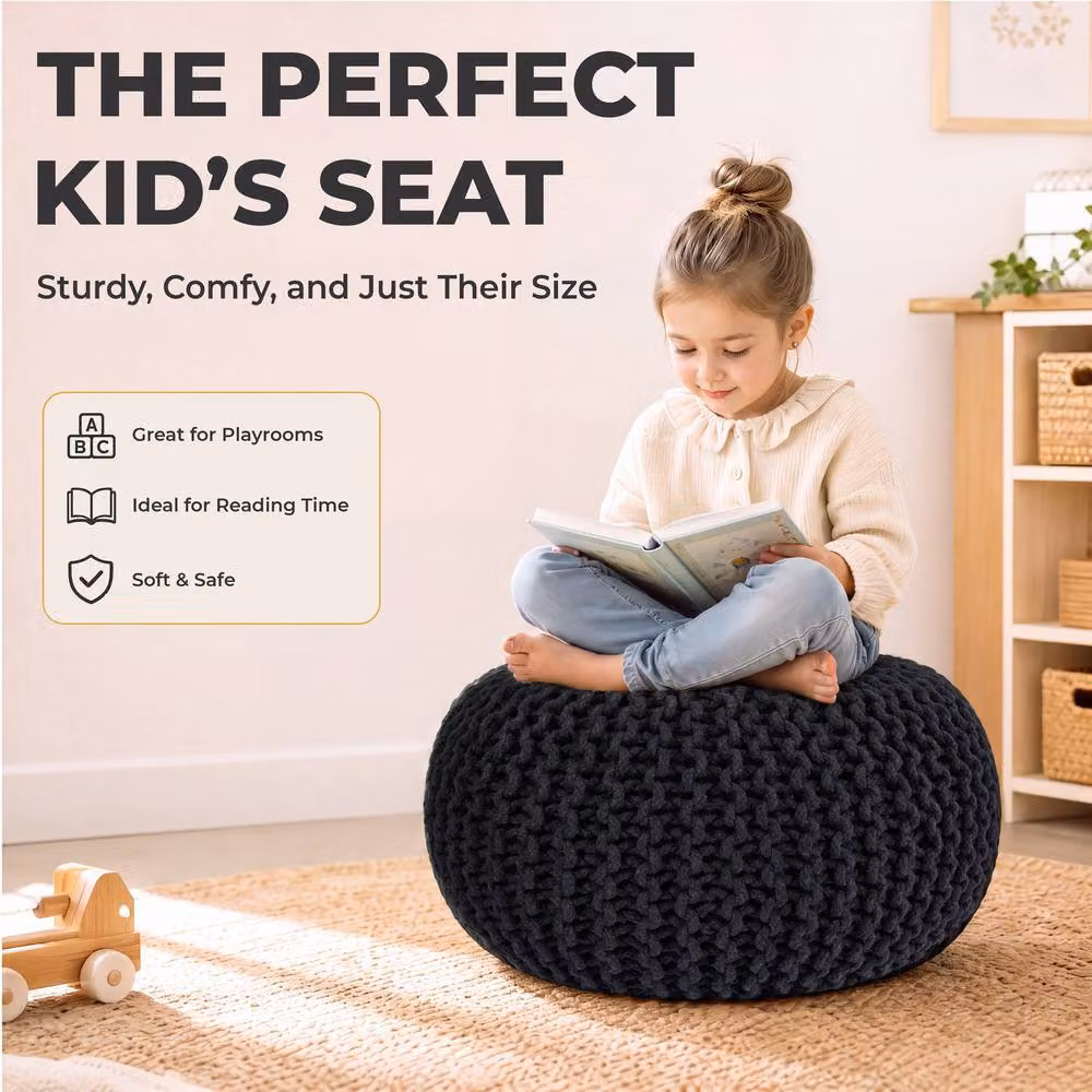 Bravich LTD Grey Chunky Knitted Cotton Round Pouffe Footstool, Diameter: 50 cm – 6