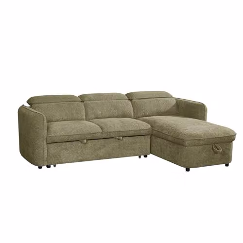 Beehive Furniture Corfu Reversible L-Shape Corner Sofa Bed in Green Fabric with Adjustable Headrest and Pull-out Drawer, W/D/H: 235.975 x 166 x 160 cm