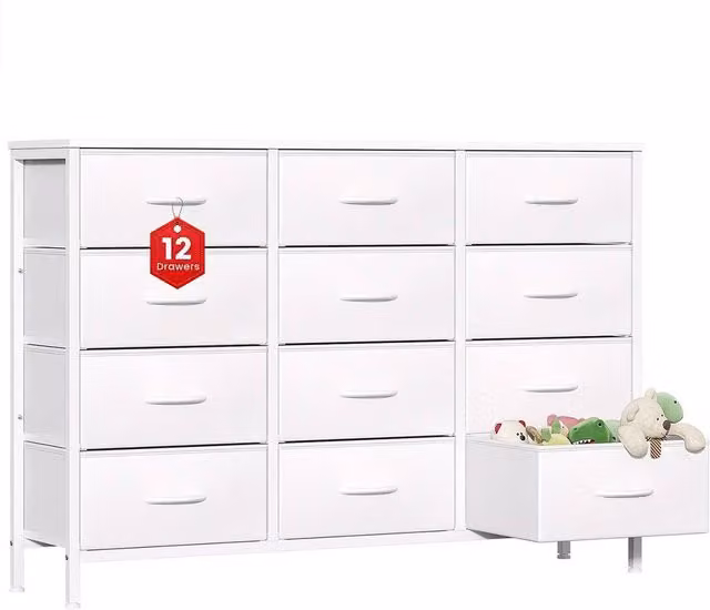 Ventryn White 12 Drawer Fabric Chest Tall Dresser for Bedroom Storage – 1