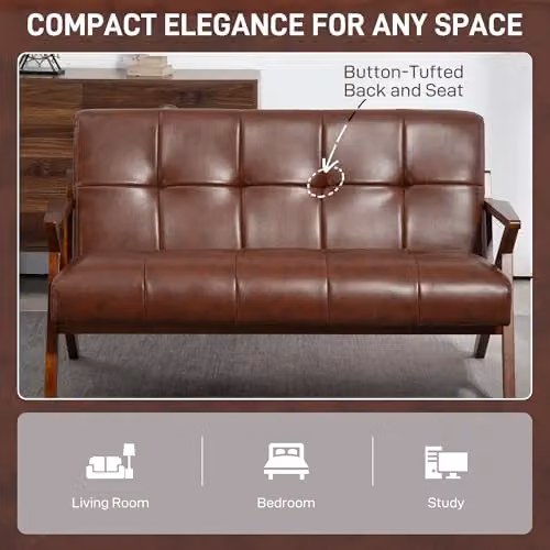 HOMCOM Vintage 2 Seater Compact Sofa in Brown Synthetic Leather with Solid Wood Frame, W/D/H: 133 x 81 x 78.5 cm – 5