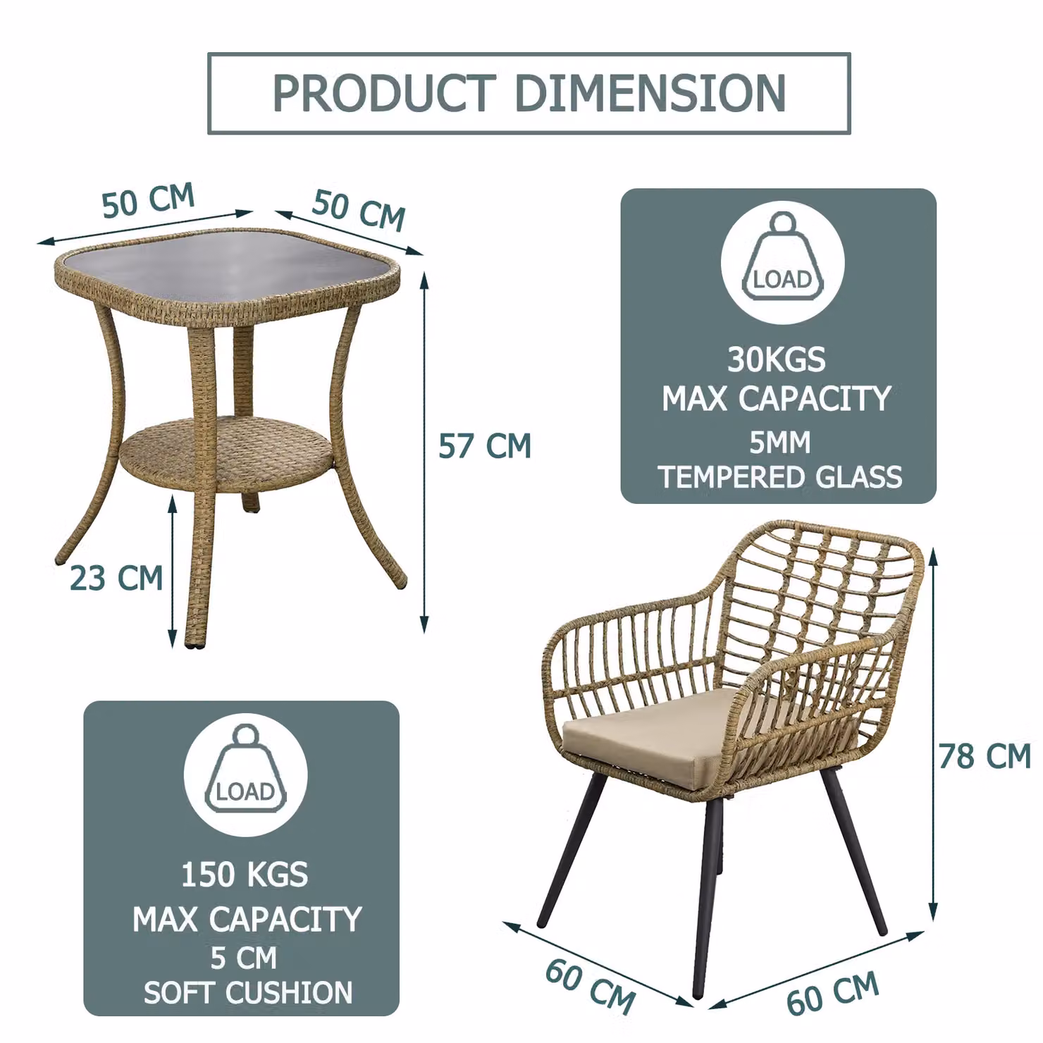 FURNITURE ONE 3 Piece Rattan Garden Bistro Set with Glass Top Table in Beige – 2