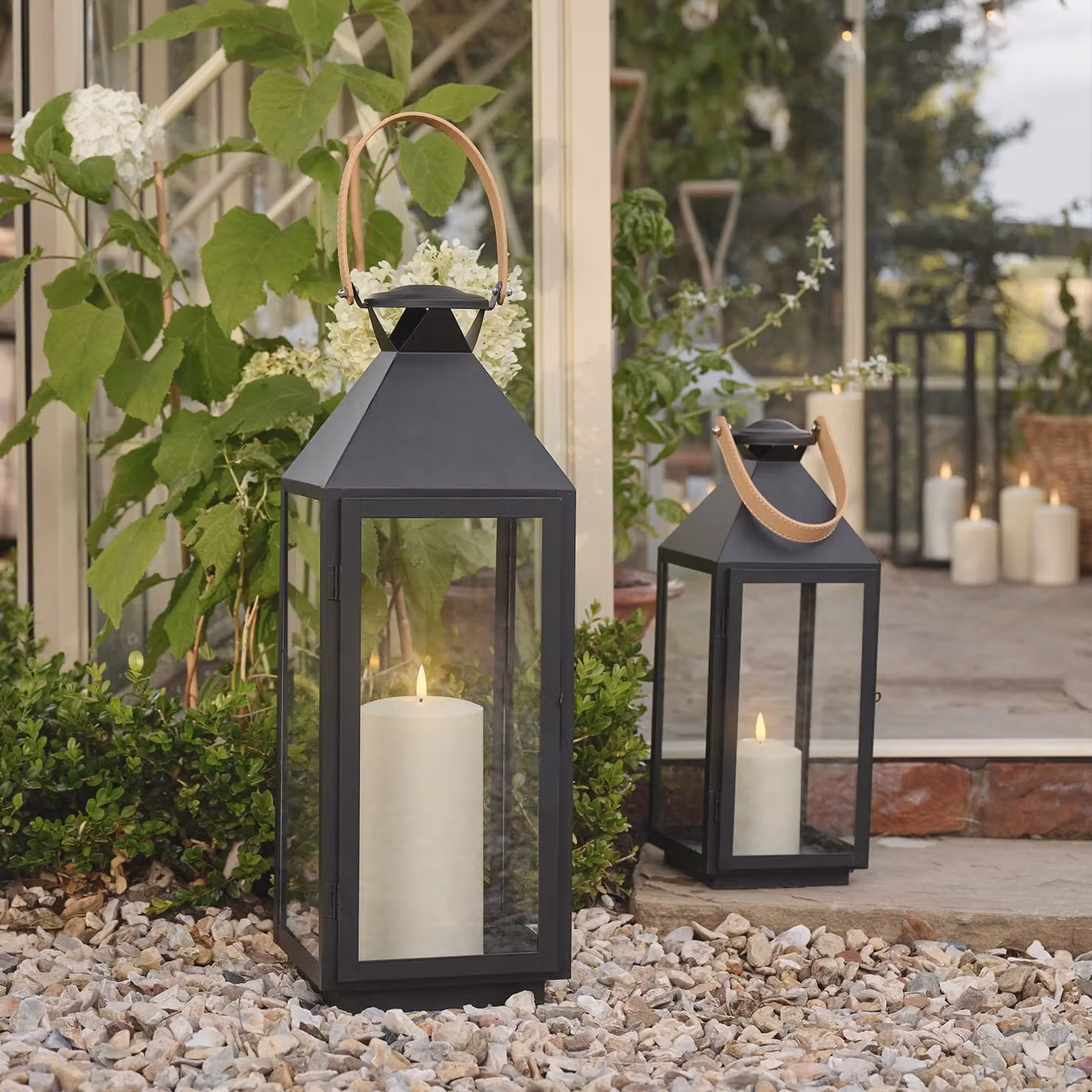 Lights4fun Brixham Leather Handle Lantern Duo with TruGlow Candles in Black Metal – 1