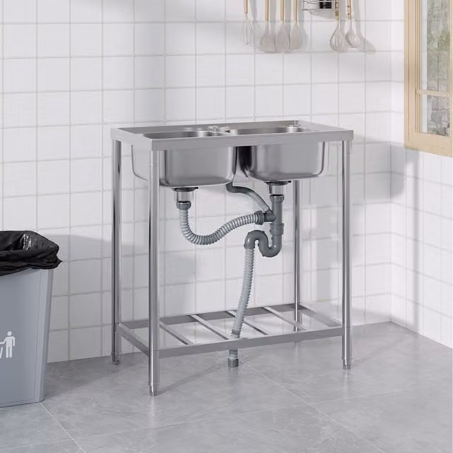 Komore Double-Bowl Stainless Steel Kitchen Sink with Storage Rack, Silver, Width: 77.5 cm