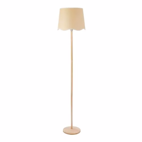 ValueLights Triston Natural Wood Floor Lamp with White Scallop Trim Fabric Shade – 1