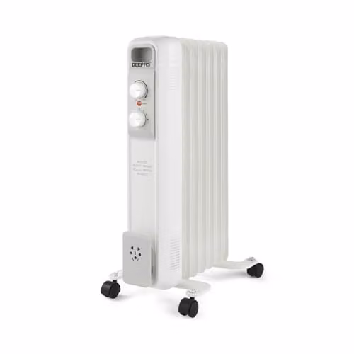 Geepas 1500W White Freestanding Oil Filled Radiator with Thermostat and Overheat Protection