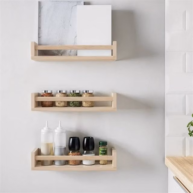VOGREX Set of 3 Brown Natural Wood Floating Shelves, Wall Mounted Rustic Storage
