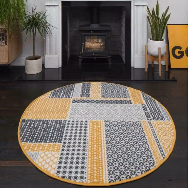 The Rug House Patchwork Boho Square Living Room Rug in Yellow and Multicolour, W/D/H: 120 x 120 x 1 cm