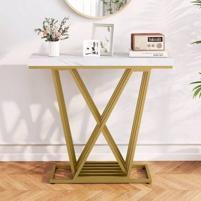Costway Modern Gold and White Marble Console Table with Geometric X-Frame Design