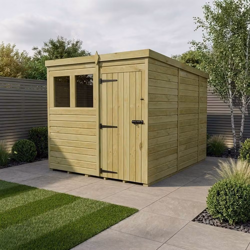 Buttercup Farm Brown Timber Pent Garden Shed with Single Door and Windows, W/D/H: 304.8 x 213.36 x 210 cm – 2