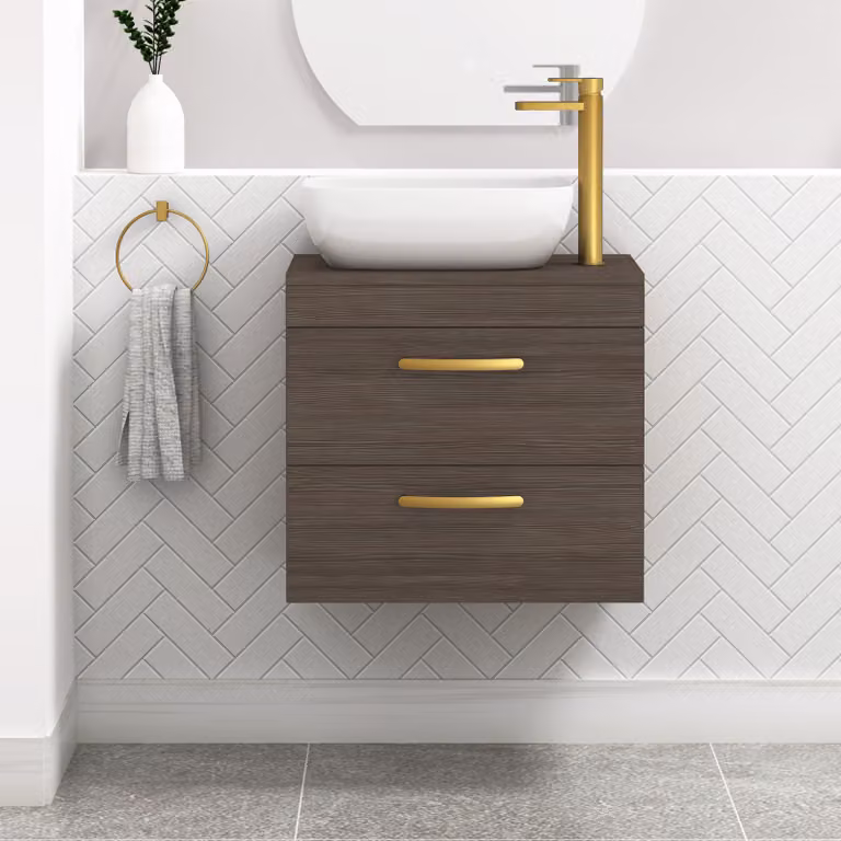 Royal Bathrooms Grey Elm Wall Hung Vanity Unit with 2 Drawers and Elva Countertop Basin and Brushed Brass Handle, Width: 60 cm