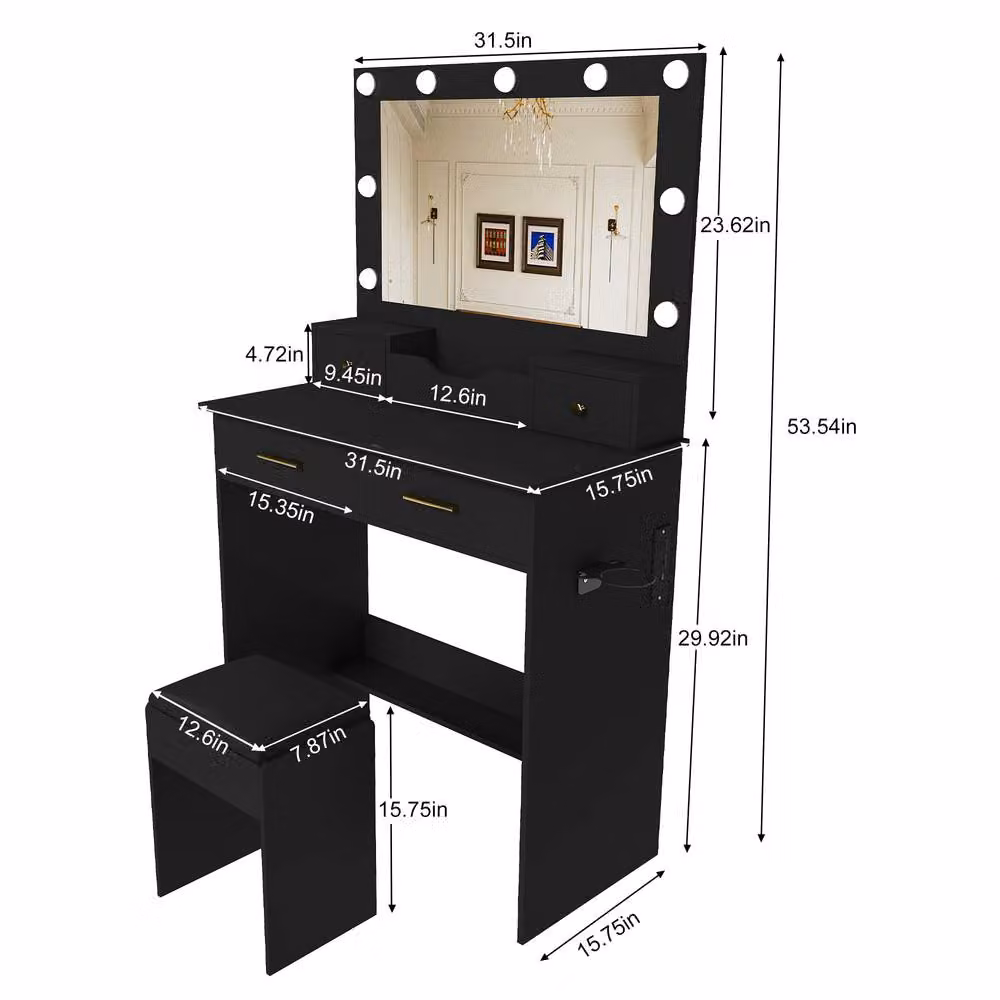 Rolipo Black Modern Makeup Vanity Desk with Hollywood LED Lights and Stool – 5