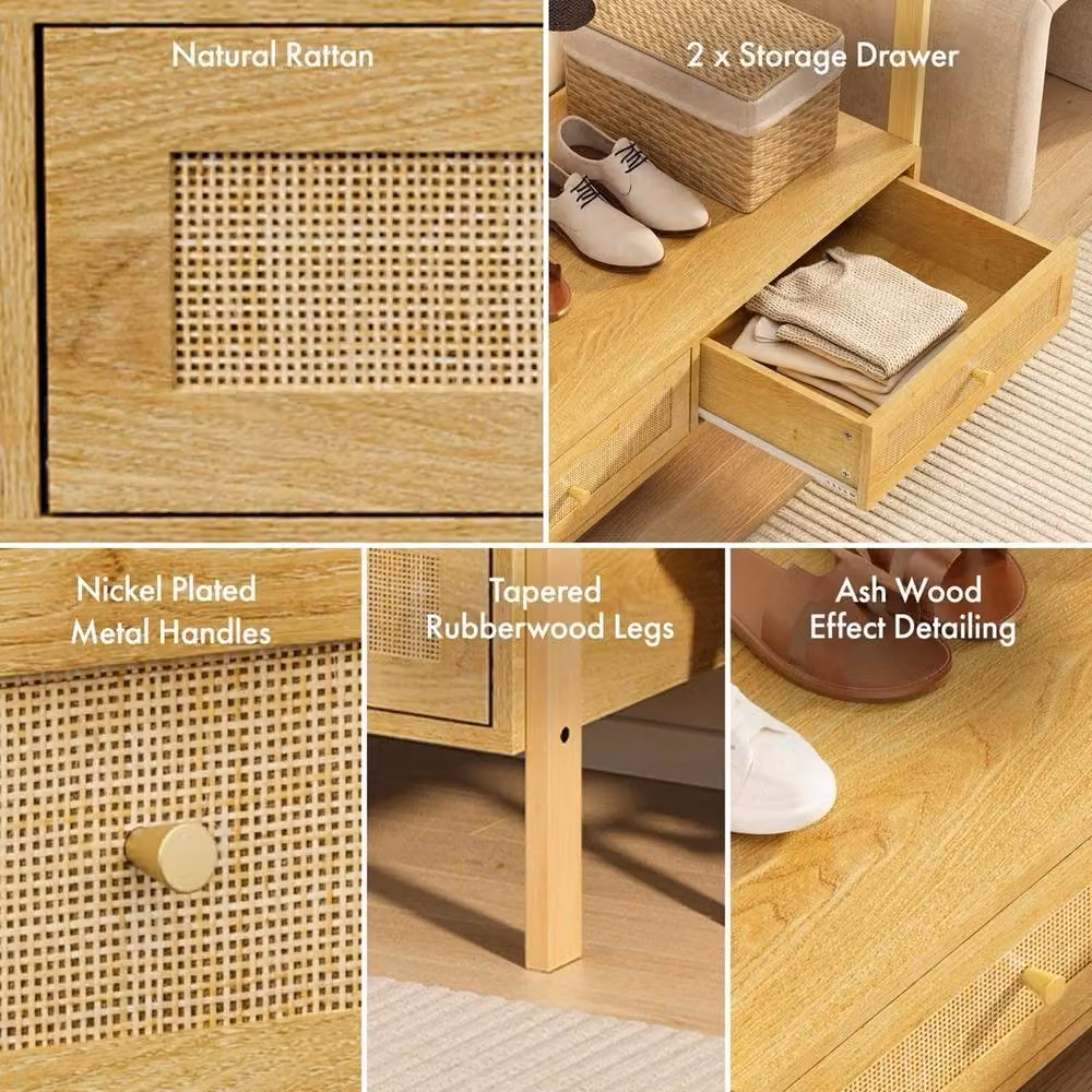 Havendro Boho Open Wardrobe Clothes Rail with 3 Drawers in Brown and Gold with Natural Rattan and Rubberwood – 2
