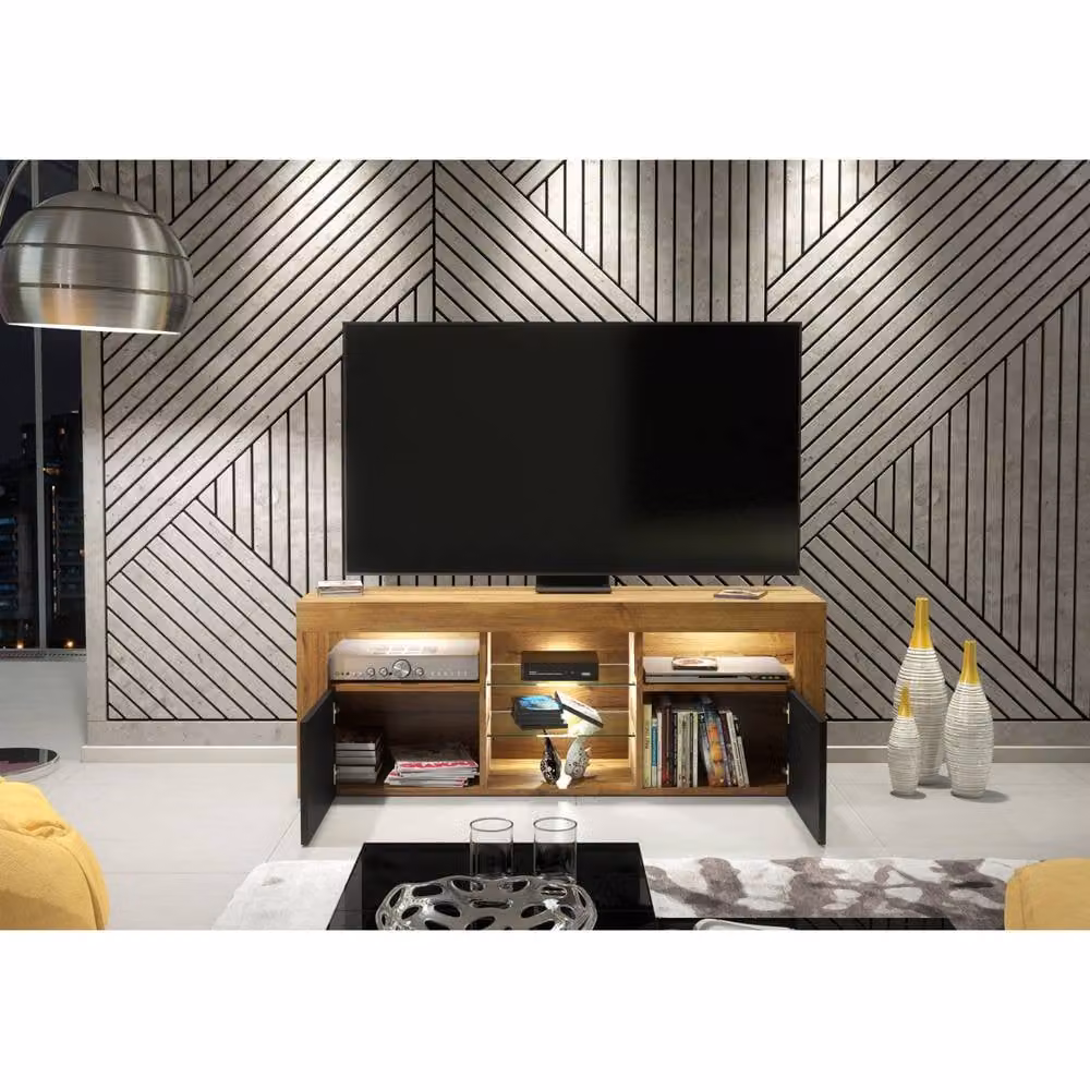 Mex Furniture LTD Pulse TV Unit in Dark Oak with Black Matt Doors and LED Lights, W: 145 cm, D: 35 cm, H: 53 cm – 3