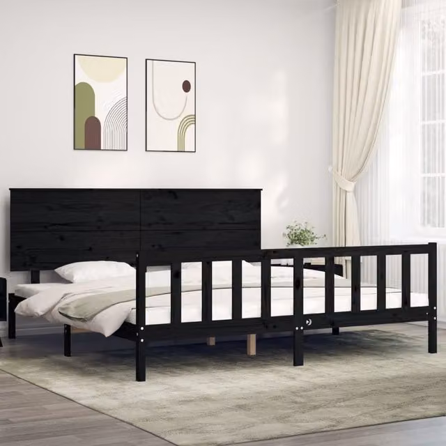 Berkfield Home Solid Wood Pine Bed Frame with Headboard in Black, 200 x 200 cm