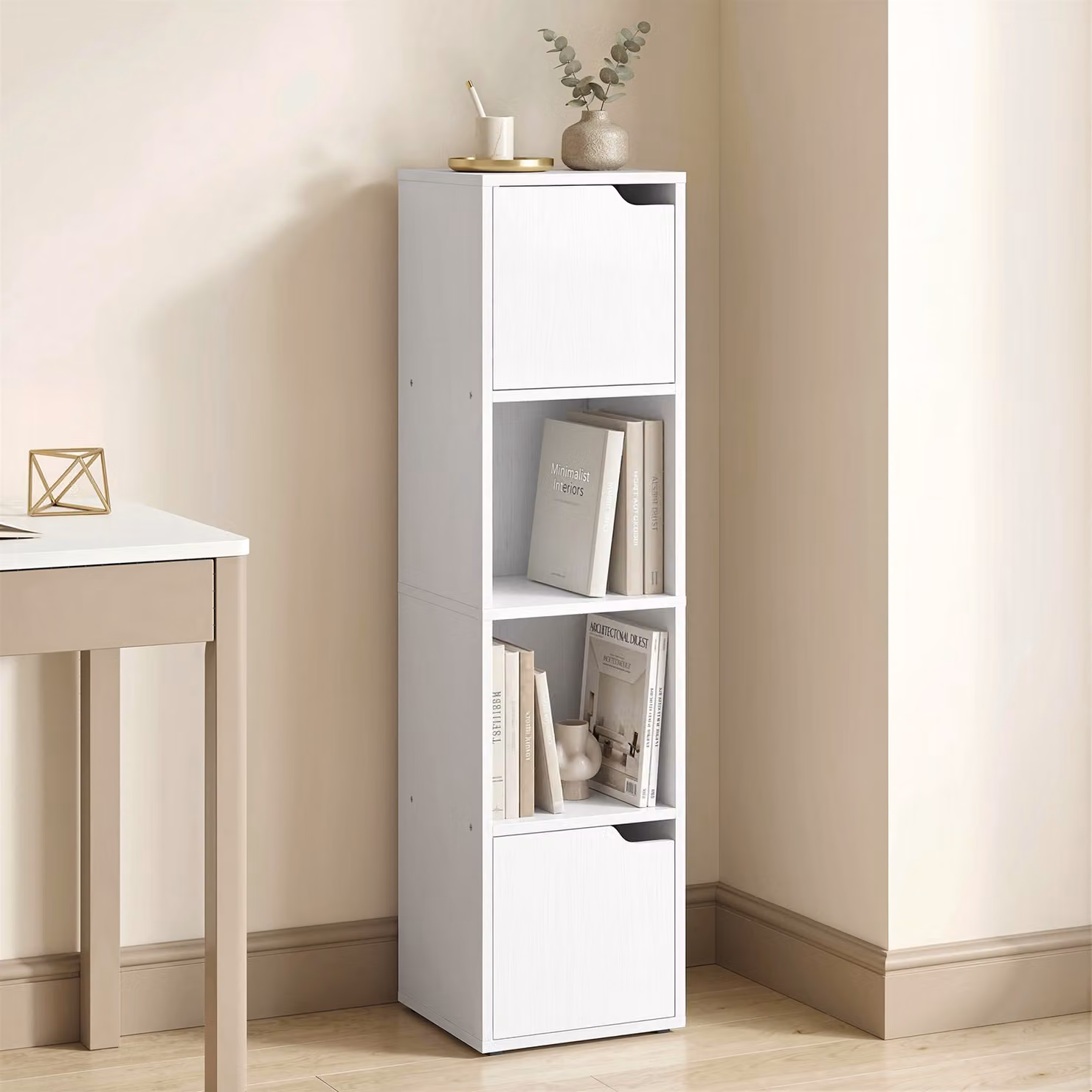 HOMCOM 4-Tier Narrow White Bookcase and Storage Cabinet with Doors – 2