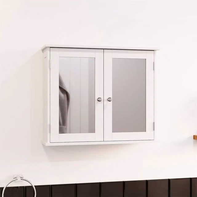 FORGEVIO Priano White Lacquered Bathroom Mirror Wall Cabinet with Double Hinged Doors and Internal Shelves