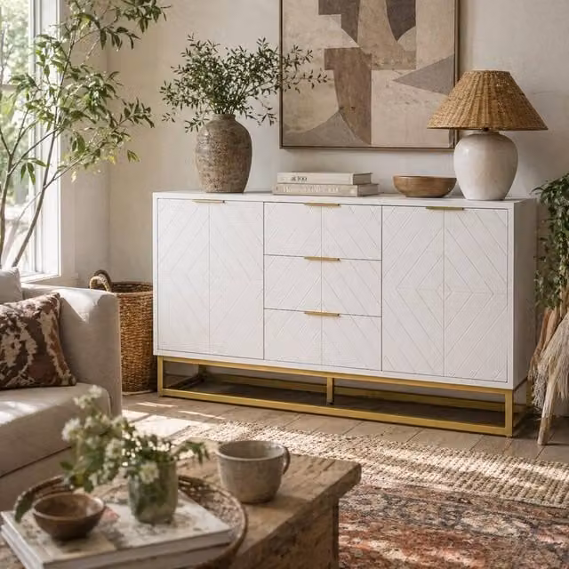 Wyld Haus Luka White Sideboard with 3 Drawers and 2 Doors, Gold Accents and Geometric Design, W/D/H: 120 x 40 x 76 cm – 1