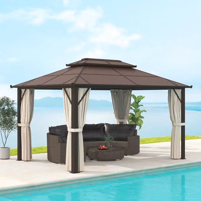 Outsunny Beige Polycarbonate Hardtop Gazebo with Aluminium Frame, W/D: 3 x 4 m