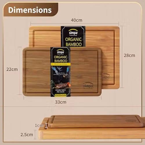 Simpa Set of 2 Pre-Oiled Reversible Bamboo Chopping Boards in Beige, Rectangular with Groove, W: 40 cm x D: 28 cm and W: 33 cm x D: 23 cm – 7