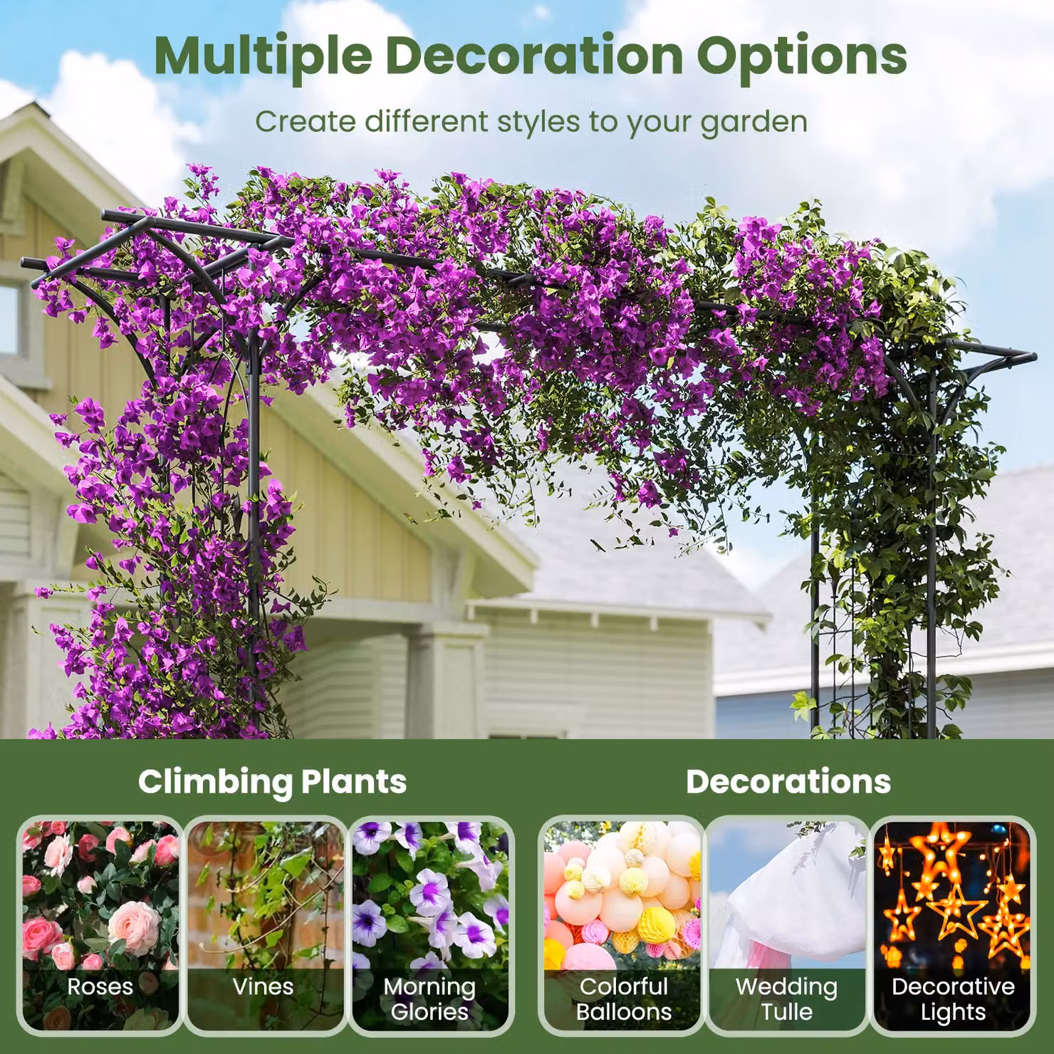Gymax Black Metal Garden Arbor Archway for Climbing Plants, H 205 cm x W 155 cm x D 52 cm – 7