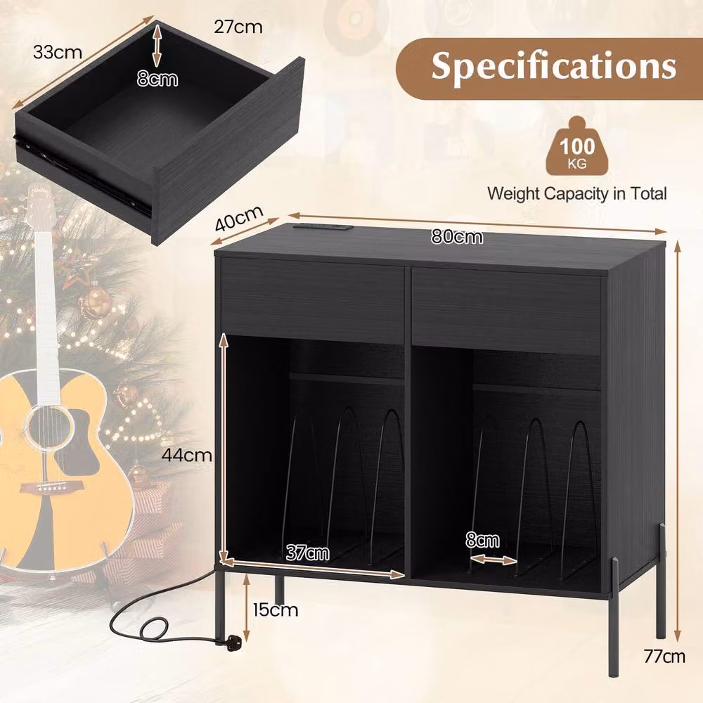 Gymax Double Wide Turntable Stand with Drawers, Power Outlets and Metal Legs in Black – 4