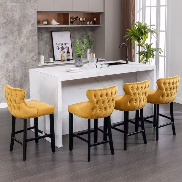 Set of 4 Modern Home Interior Contemporary Velvet Upholstered Wing Back Bar Stools in Yellow