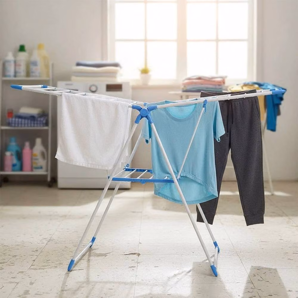 KORVIXA 2 Tier Foldable Clothes Horse Airer Drying Rack in Blue, W/D/H: 100 x 100 x 100 cm – 2