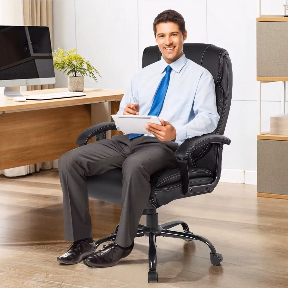 Costway Executive Office Chair with 6-Point Massage, 360 Degree Swivel and Headrest in Black Synthetic Leather – 3