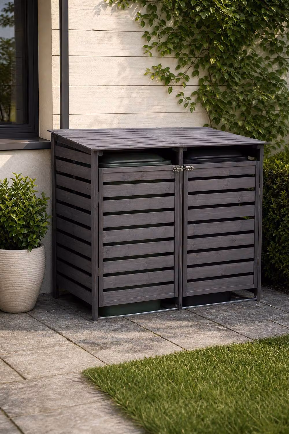 Garden Sanctuary Rustic Spruce Wood Bin Store in Grey, W/D/H: 149 x 122 x 141 cm – 2