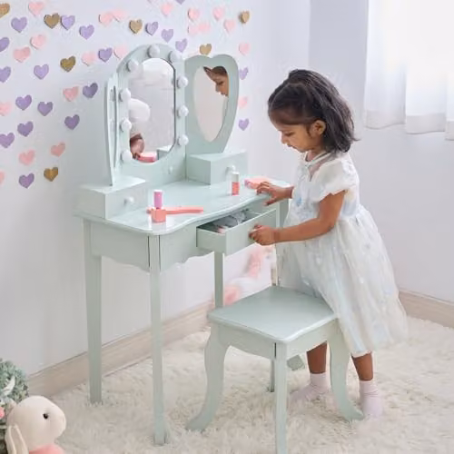 Teamson Kids Heart-Shaped Vanity in Sage Green with LED Lights, Triple Mirror, Stool and Storage Drawers W/D/H: 100.1 x 65.1 x 33.1 cm – 2