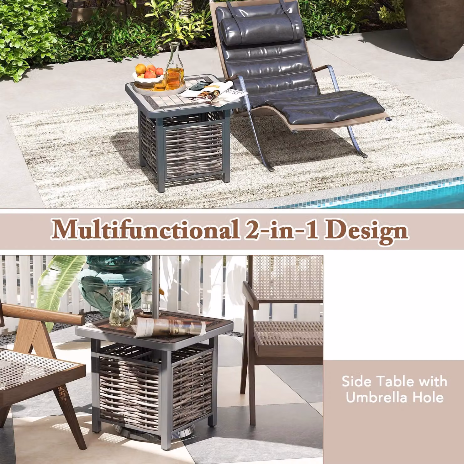 Costway Brown PE Rattan Outdoor Square Side Table for Patio and Terrace, W/D/H: 55 x 55 x 55 cm – 3