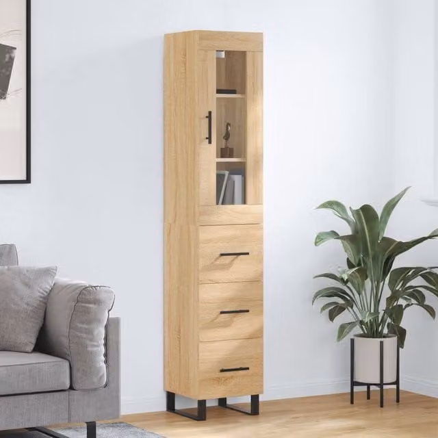 Berkfield Home Sonoma Oak Highboard in Brown with Glass Doors and Internal Shelves, W/D/H: 34.5 x 34 x 180 cm