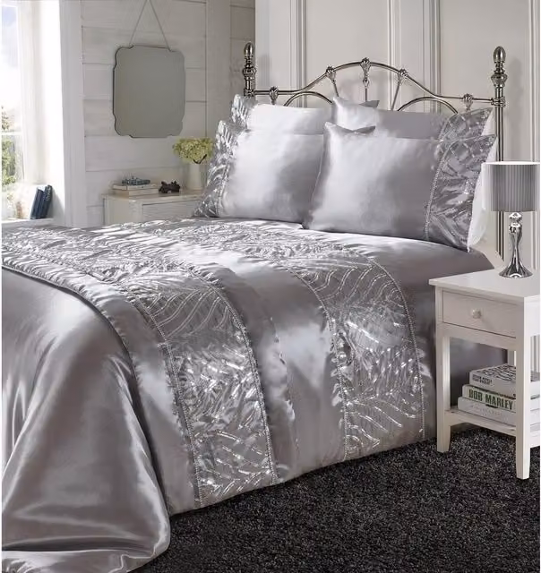 HomeSpace Direct Shimmer Duvet Cover and Pillowcase Set in Grey/Silver, 200 x 200 cm
