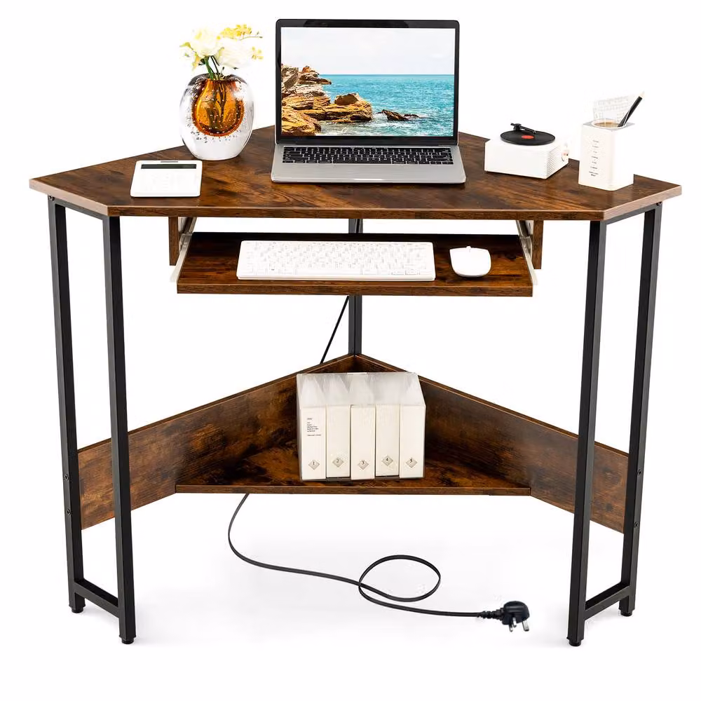 Gymax Small Brown Corner Computer Desk with Keyboard Tray and Power Outlets – 9