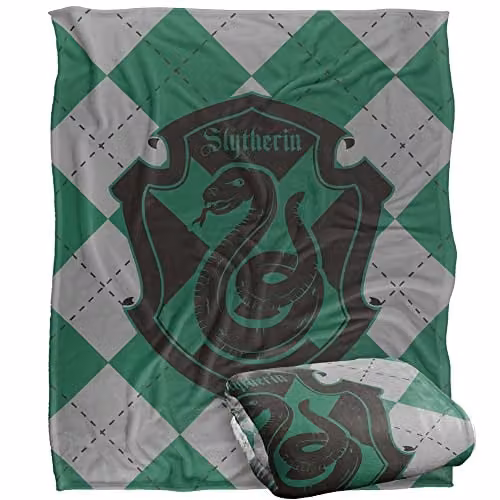 Warner Brothers Harry Potter Slytherin Plaid Sigil Fleece Blanket in White and Multicolour, W/D/H: 152 x 127 cm