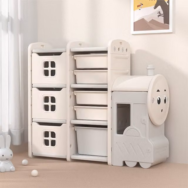 Livingandhome Train Shape Toys Storage Rack in Beige and White, H 96 cm x W 96 cm x D 33 cm