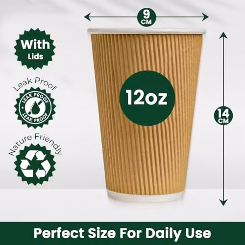 ECONX 100 Pack Disposable Brown Paper Coffee Cups with White Lids, 12oz – 2