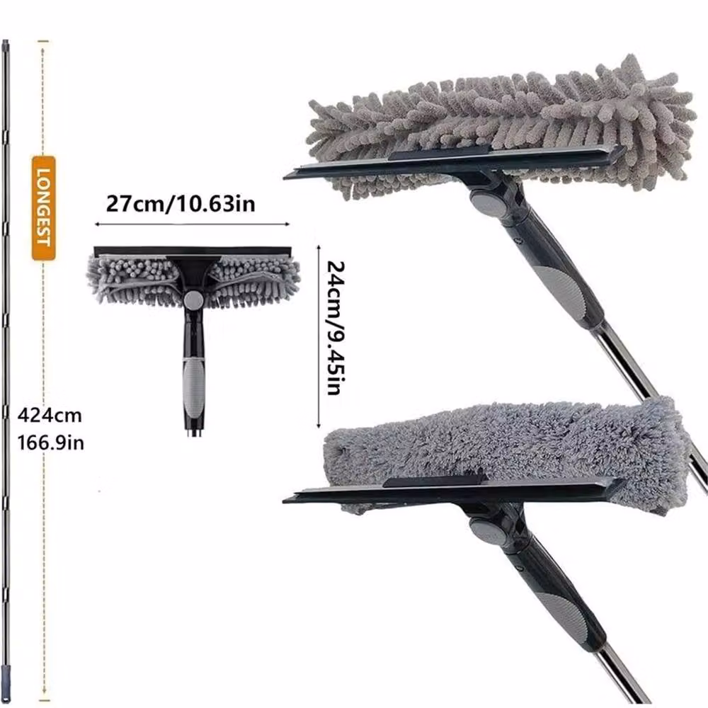 FLAVORA Grey Telescopic Pole Window Cleaning Kit with Squeegee and Microfibre Glass Cleaner – 5