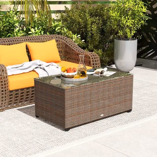 Outsunny Modern Rattan Side Table with Glass Top in Brown