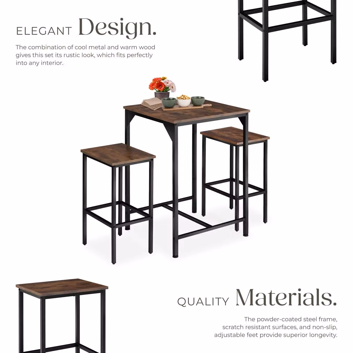 tectake Inverness Dining Table and 2 Bar Stools Set in Brown – 4