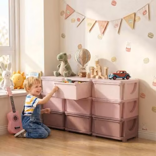 HOMCOM 3-Tier Pink Plastic Kids Toy Storage Unit with 9 Drawers – 2