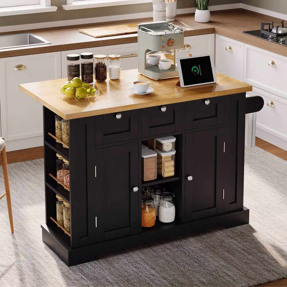 Matteo Farmhouse Style Mobile Kitchen Island with Dropleaf and Power in Black, W/D/H: 120 x 40 x 100 cm – 2